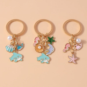 Ocean Sea Life Keychain Zinc Alloy Enamel Starfish Whale Shark Seahorse Shell Faux Artificial Pearl Bag Pendant Cute Jewelry Gift