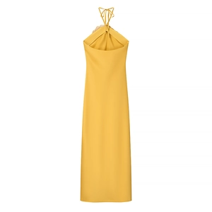 Detailed back view of yellow satin halter maxi dress with elegant backless tie design