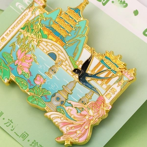Detailed macro view of Hangzhou West Lake metal enamel souvenir magnet with Leifeng Pagoda