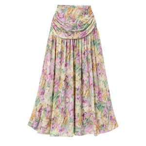 Floral print high-waisted long vacation skirt with elegant draped waist detail