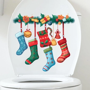 Christmas Wall Stickers PVC Waterproof Toilet Lid Decals Stocking Gift Bell Decor DIY Festive Home Mural Decor