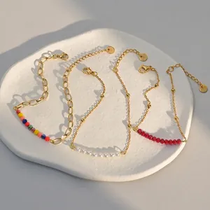 Stainless Steel Gold Plated Bracelet With Artificial Pearl And Colored Faceted Beads Adjustable For Women Elegant Jewelry