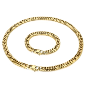 Dettaglio del set collana e bracciale a maglia cubana in acciaio inossidabile dorato lucido