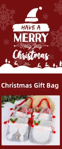 Detail of grey and red Christmas gnome gift bags with white beards and wooden buttons