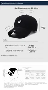 Size chart for washed cotton baseball cap with 56-60cm circumference and brim detail