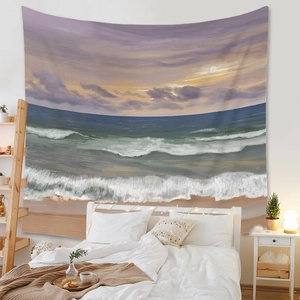 Bedroom wall decor featuring a large oil painting style sunset beach tapestry