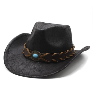 Vintage black western cowboy hat with cracked texture and turquoise beaded leather band