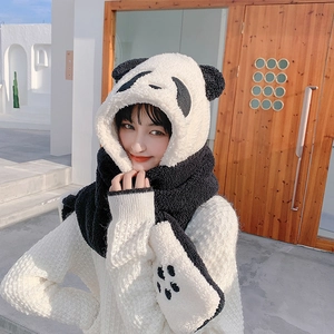 Detail view of plush panda-shaped hat scarf set with cute ears and paw embroidery
