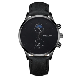 Minimalist black moon phase quartz watch for men with matte leather strap and black dial