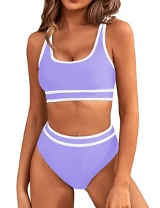 Front view of lavender two-piece bikini with white piping and high-waisted sporty bottom