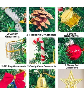Detail of Christmas tree ornaments kit including candy, pine cones, and gold drum baubles