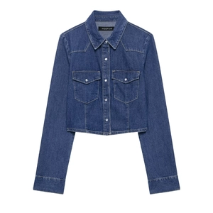 Ensemble en denim bleu foncé pour femme avec chemise courte et pantalon large tendance
