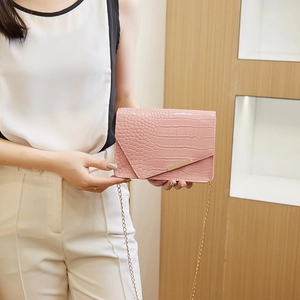 Pink crocodile pattern small square shoulder bag with gold chain strap and metal trim