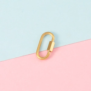 Detailed view of a golden stainless steel screw lock oval connector on bicolored background