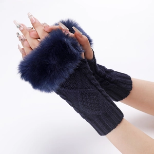 Detail of dark blue knitted fingerless gloves with faux fur trim and textured knit pattern