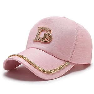 Pink fashion baseball cap with sparkling rhinestone letter D and crystal brim decoration