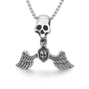 Gotischer Punk Engelsschwingen Piraten Totenkopf Anhänger aus Edelstahl mit Box Kette