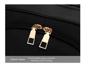 Detail of high-quality gold dual metal zippers on black nylon fabric backpack