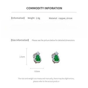 Detail showing copper zircon gourd stud earring dimensions and technical material specs