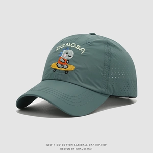 Close-up of kids quick-dry baseball cap with dinosaur embroidery and breathable side vents