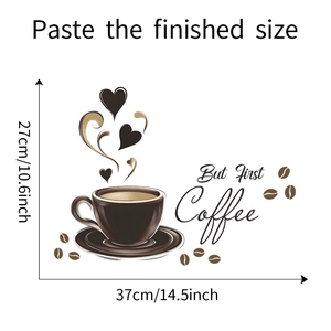 Detail view of coffee wall sticker dimensions with 'But First Coffee' lettering and beans