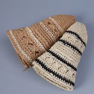 Foldable handmade straw bucket sun hat with stylish stripes for women summer protection