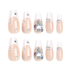 Classic nude French long coffin press-on nails with silver rhinestones and crystal gems