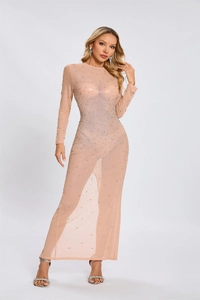 Close-up of nude mesh evening gown featuring intricate silver rhinestone embellishments