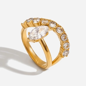 Double Layer Ring 18K Gold Plated Stainless Steel Marquise Round Zircon Geometric Vintage Jewelry For Women Elegant
