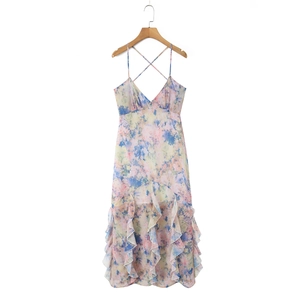 Colorful floral print maxi dress with spaghetti straps and layered ruffle hem