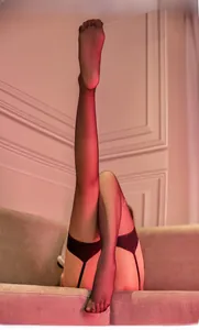 Detail of ultra-thin black garter stockings with lace trim and smooth sheer finish