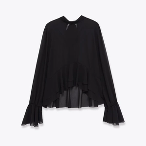Chiffon long sleeve blouse for women with layered ruffle hem and elastic cuffs in black