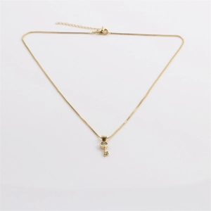 Detail of gold-plated heart-shaped key pendant necklace with a sparkling small crystal