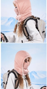 Close-up of pink winter hood with warm white fleece lining and adjustable drawstrings