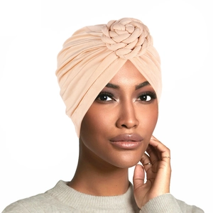 Turbant beige pour femmes avec un design tressé en tissu de maille élastique doux
