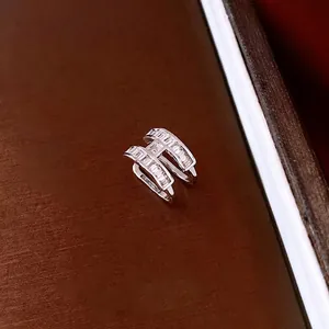 Elegant silver H-shaped double-layered open ring with baguette-cut cubic zirconia stones