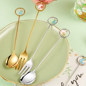 304 stainless steel dessert spoon and fork set with celestial star moon enamel charms