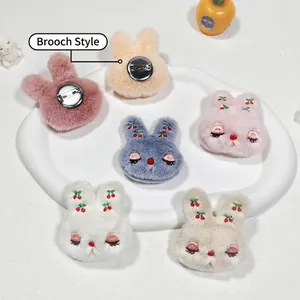 Cute plush bunny pins with cherry embroidery in six assorted colors for accessories