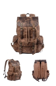Detail view of vintage brown canvas backpack showing front side and back perspective shots