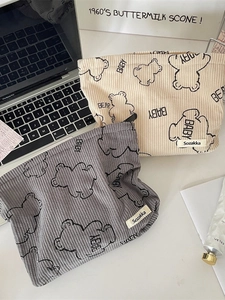 Corduroy bear print makeup bags in beige and grey colors for portable cosmetics storage