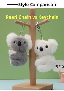 Detail showing plush koala charms with pearl chain and metal keychain attachment