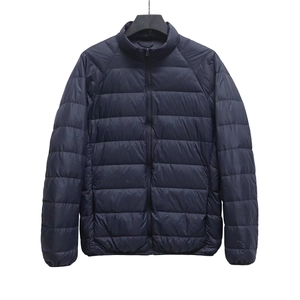 Men's navy blue lightweight quilted jacket with stand collar and full zipper closure