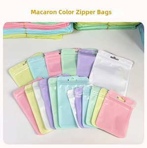 Macro detail of macaron-colored holographic resealable bags with hanging holes and clear windows