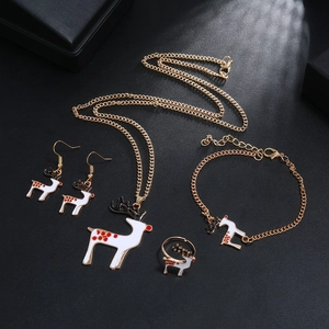 Detailed set of golden Christmas jewelry featuring white and red enamel reindeer charms
