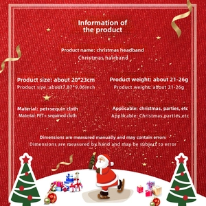 Detail view of red Christmas headband with PET sequins and specifications for parties