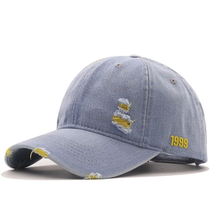 Vintage Washed Denim Baseball Cap Distressed Ripped 1999 Embroidery Hat Adjustable Sunshade Streetwear Men Women