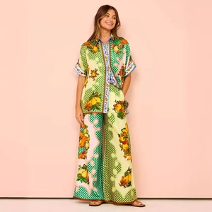 Women's 2-piece set with fruit print short sleeve shirt and wide leg trousers