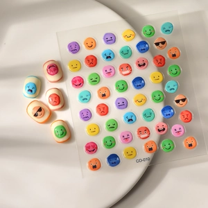 3D colorful emoji nail stickers with cute smiley faces and 3D jelly textures on white background