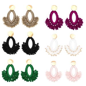 Bohemian Handmade Beaded Drop Earrings For Women Oversized Fan Shaped Woven Fringe Ethnic Retro Statement Jewelry