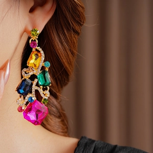 Vintage luxury square drop earrings with colorful crystals and gold-plated finish